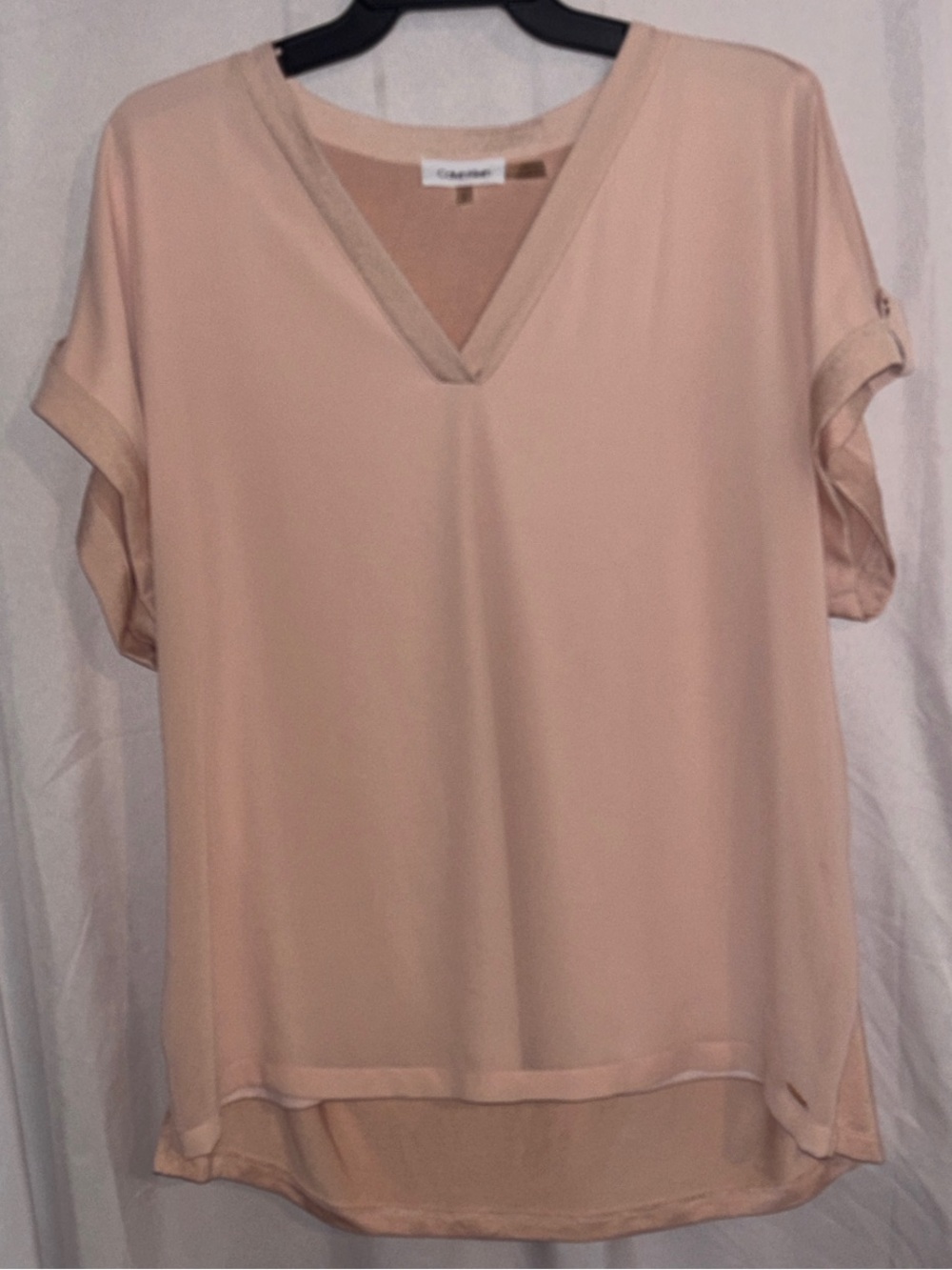 Calvin Klein Blush Pink V-Neck Short Sleeve Hi-Low Blouse with Crepe Overlay